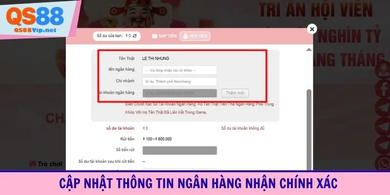 Cập nhật thông tin ngân hàng nhận chính xác