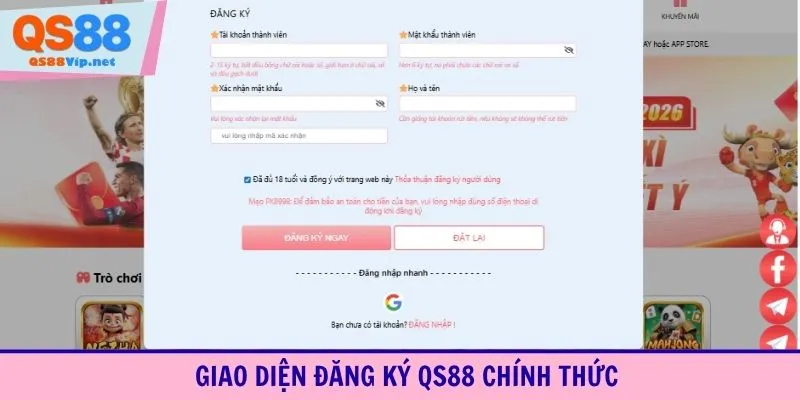 Giao diện đăng ký QS88 chính thức