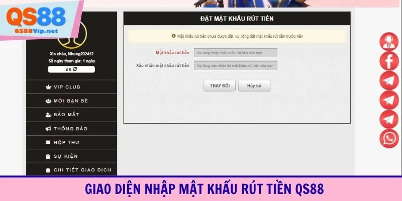 Giao diện nhập mật khẩu rút tiền QS88